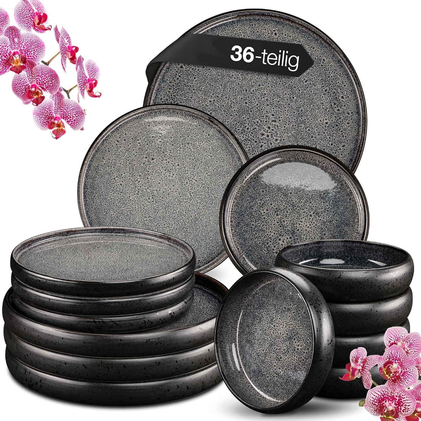 VIDA 18-Piece Crockery Set for 6 People, Ceramic Tableware Black Anthracite Dishwasher, Microwave and Scratch-Resistant Plates Set with 6 Dinner Plates, 6 Soup Plates and 6 Breakfast Plates