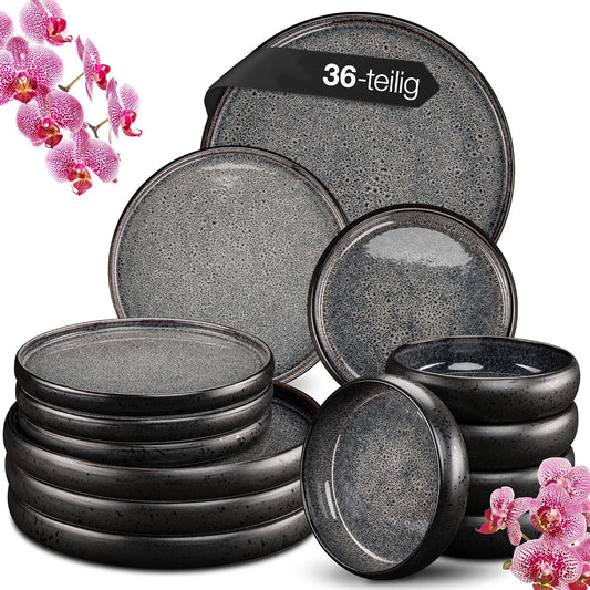 VIDA 18-Piece Crockery Set for 6 People, Ceramic Tableware Black Anthracite Dishwasher, Microwave and Scratch-Resistant Plates Set with 6 Dinner Plates, 6 Soup Plates and 6 Breakfast Plates