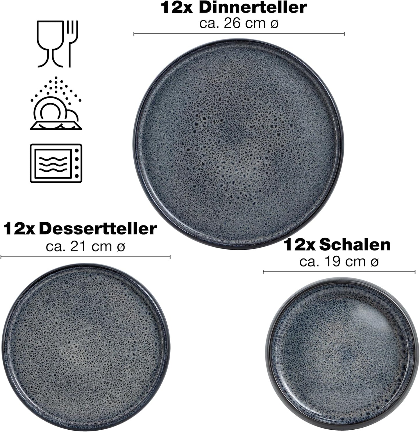 VIDA 18-Piece Crockery Set for 6 People, Ceramic Tableware Black Anthracite Dishwasher, Microwave and Scratch-Resistant Plates Set with 6 Dinner Plates, 6 Soup Plates and 6 Breakfast Plates