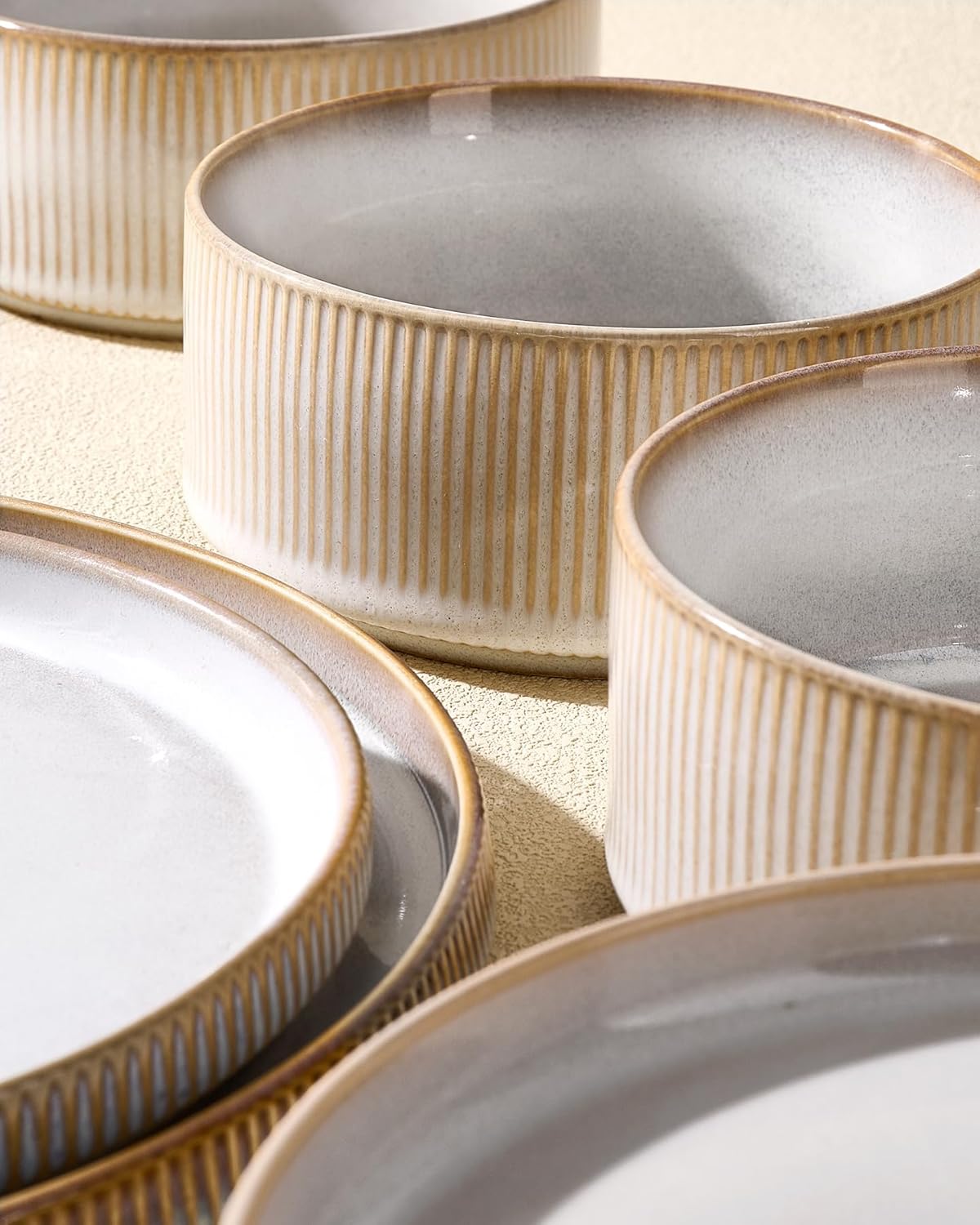 12 Pieces Ribbed Dishes - Chip and Scratch Resistant Dinnerware Sets, Plates and Bowls Set for 4,, Microwave and Dishwasher Safe Tableware