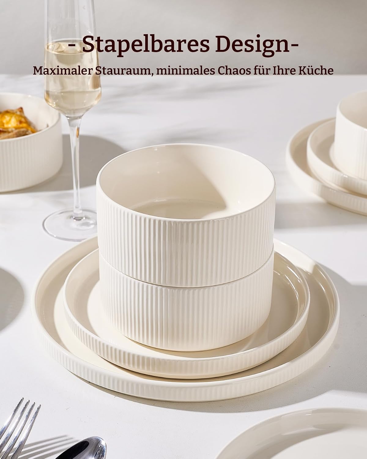 12 Pieces Ribbed Dishes - Chip and Scratch Resistant Dinnerware Sets, Plates and Bowls Set for 4,, Microwave and Dishwasher Safe Tableware