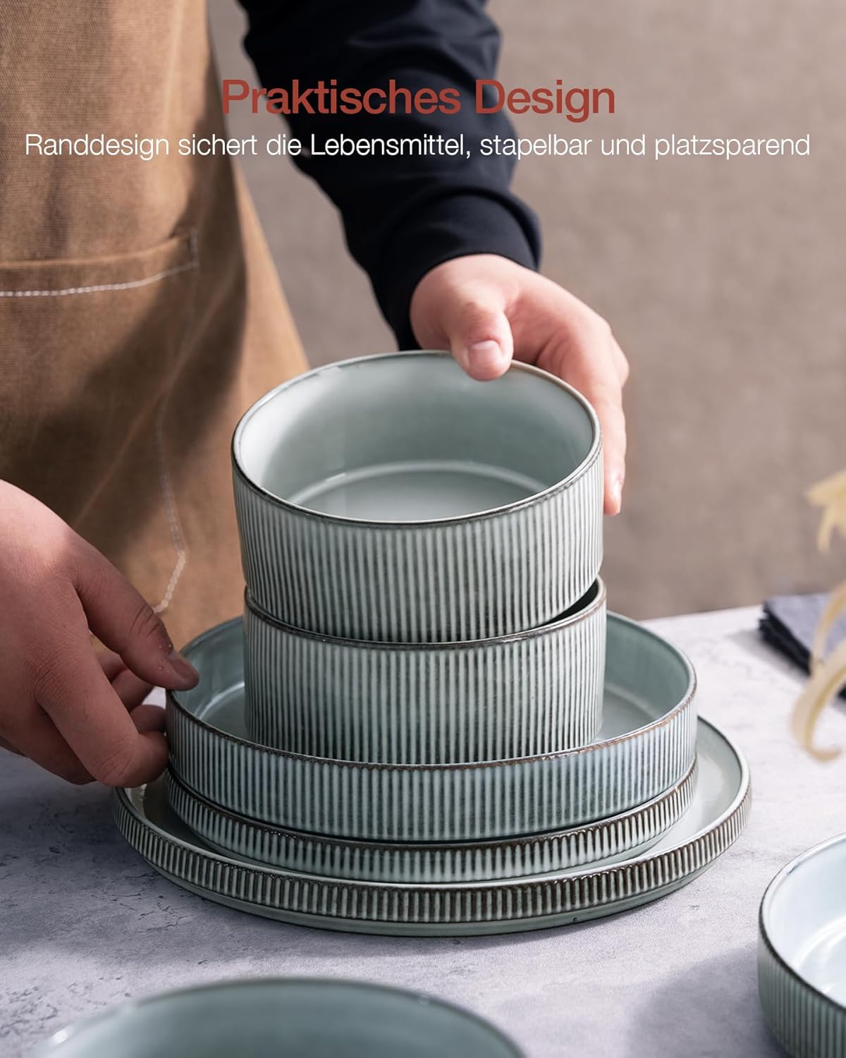 12 Pieces Ribbed Dishes - Chip and Scratch Resistant Dinnerware Sets, Plates and Bowls Set for 4,, Microwave and Dishwasher Safe Tableware